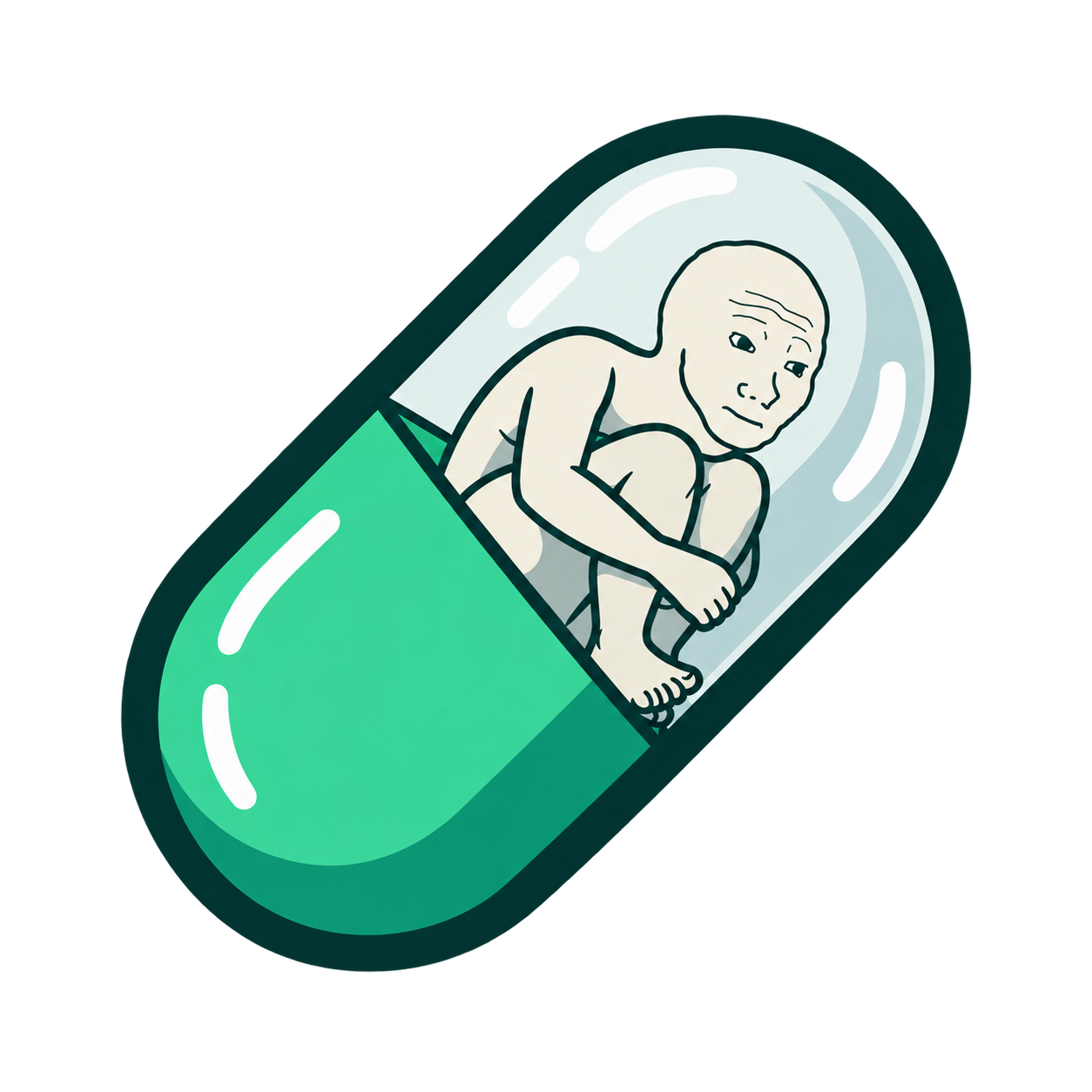 A tired adult degen inside a translucent green capsule